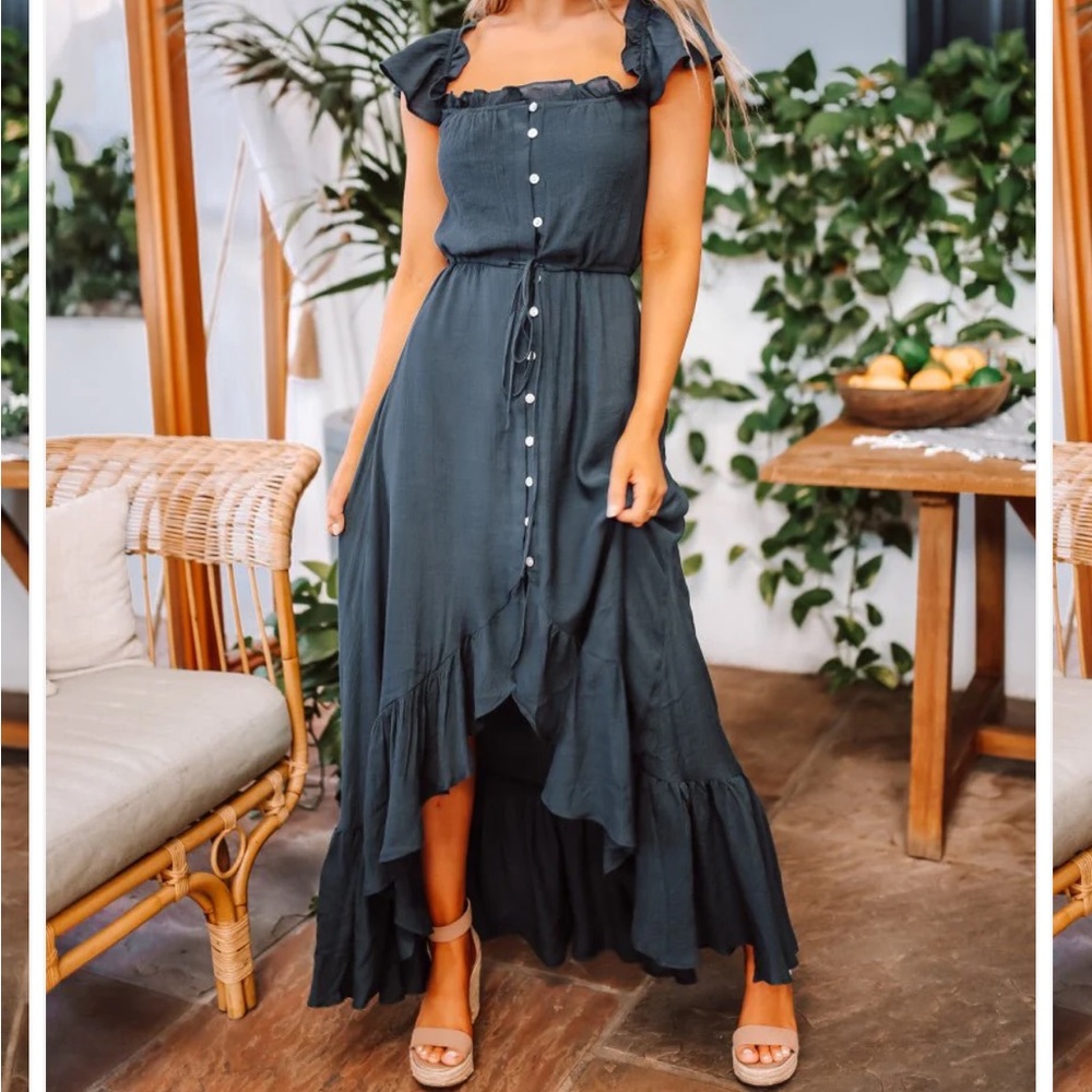 Off the shoulder button down high low maxi